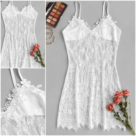 Zaful Other - ZAFUL White Lace Applique Sheer Cami Baby Doll Lingerie Sleepwear